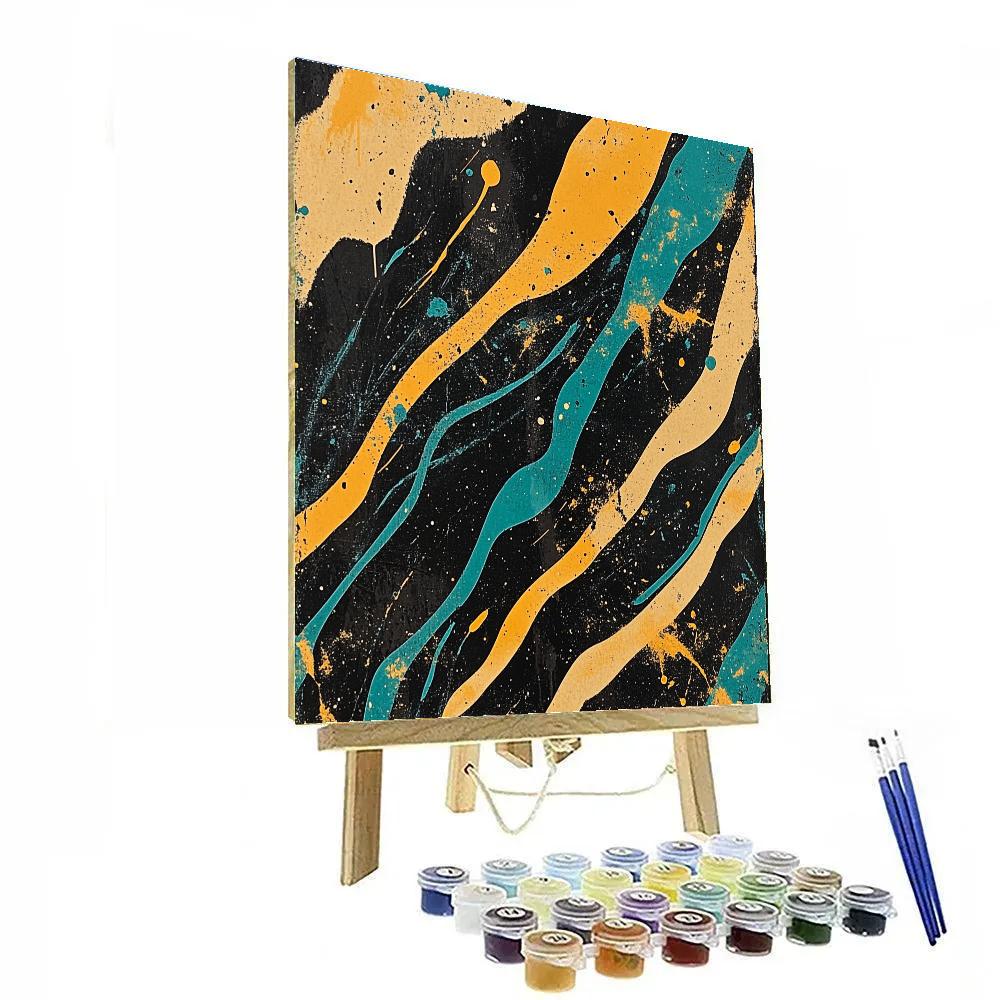 Jackson Pollock Inspired Aurora Shear In Black Ochre And Neon Teal paint by number