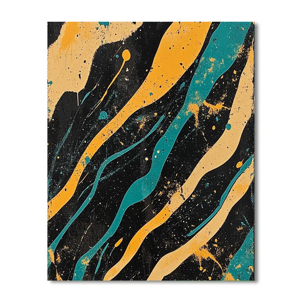 Jackson Pollock Inspired Aurora Shear In Black Ochre And Neon Teal paint by number