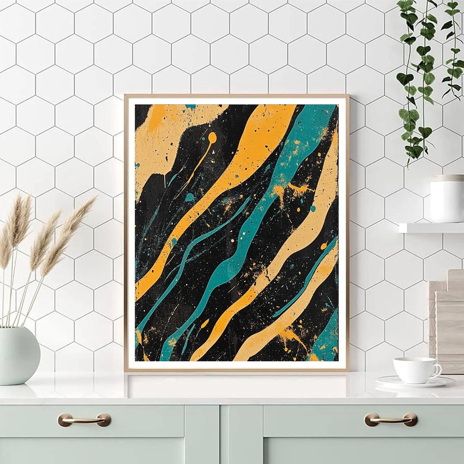 Jackson Pollock Inspired Aurora Shear In Black Ochre And Neon Teal paint by number