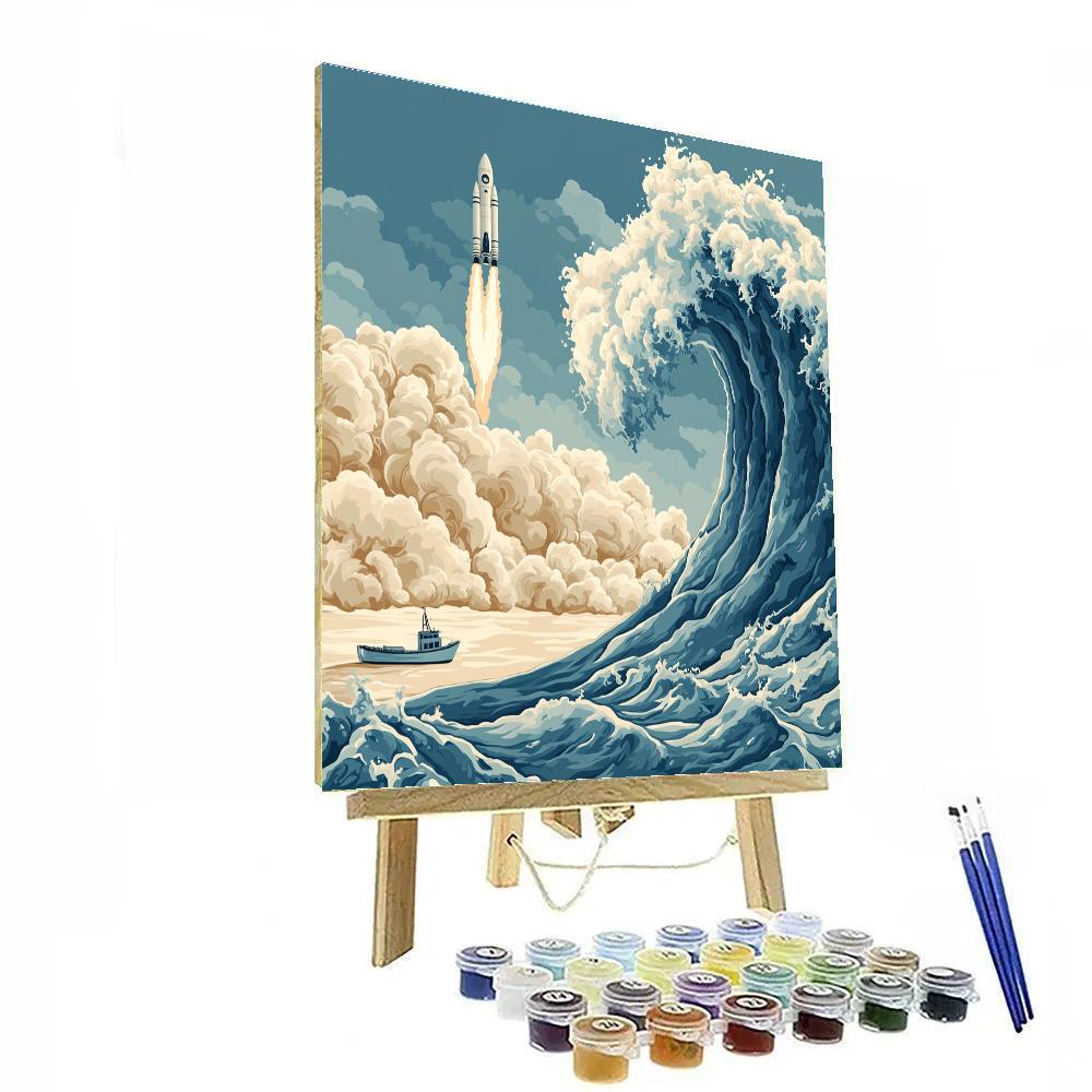 Katsushika Hokusai Inspired Storm Waves And Rocket Launch DIY paint by numbers
