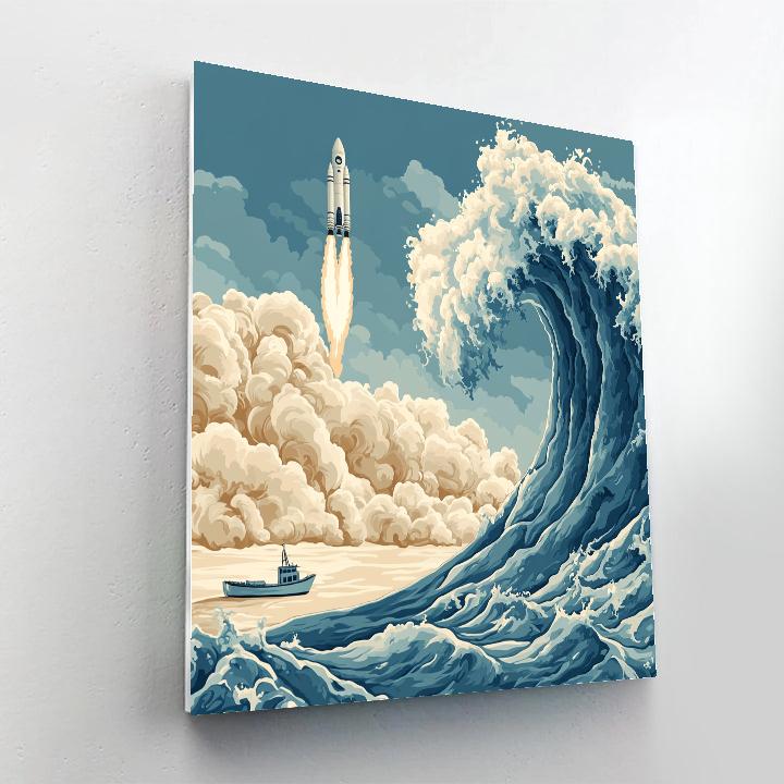 Katsushika Hokusai Inspired Storm Waves And Rocket Launch DIY paint by numbers