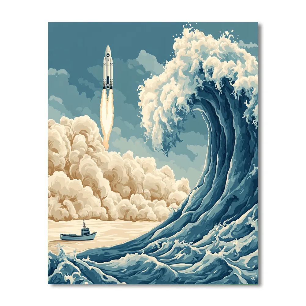 Katsushika Hokusai Inspired Storm Waves And Rocket Launch DIY paint by numbers
