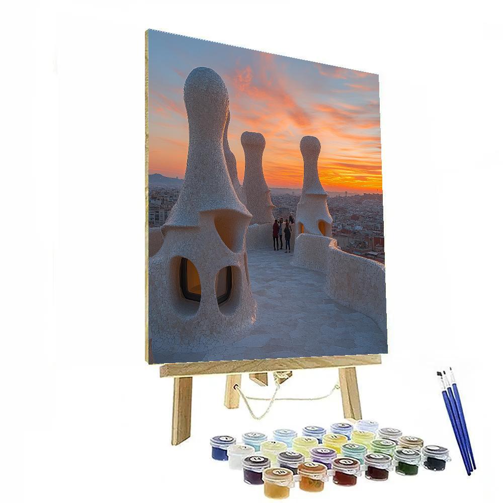 La Pedrera Rooftop Chimneys At Sunset, Barcelona, Spain DIY paint by numbers