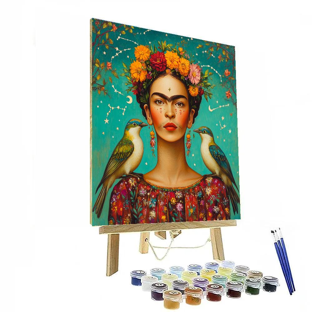 Frida Kahlo Inspired Self Portrait With Cosmic Birds Number painting