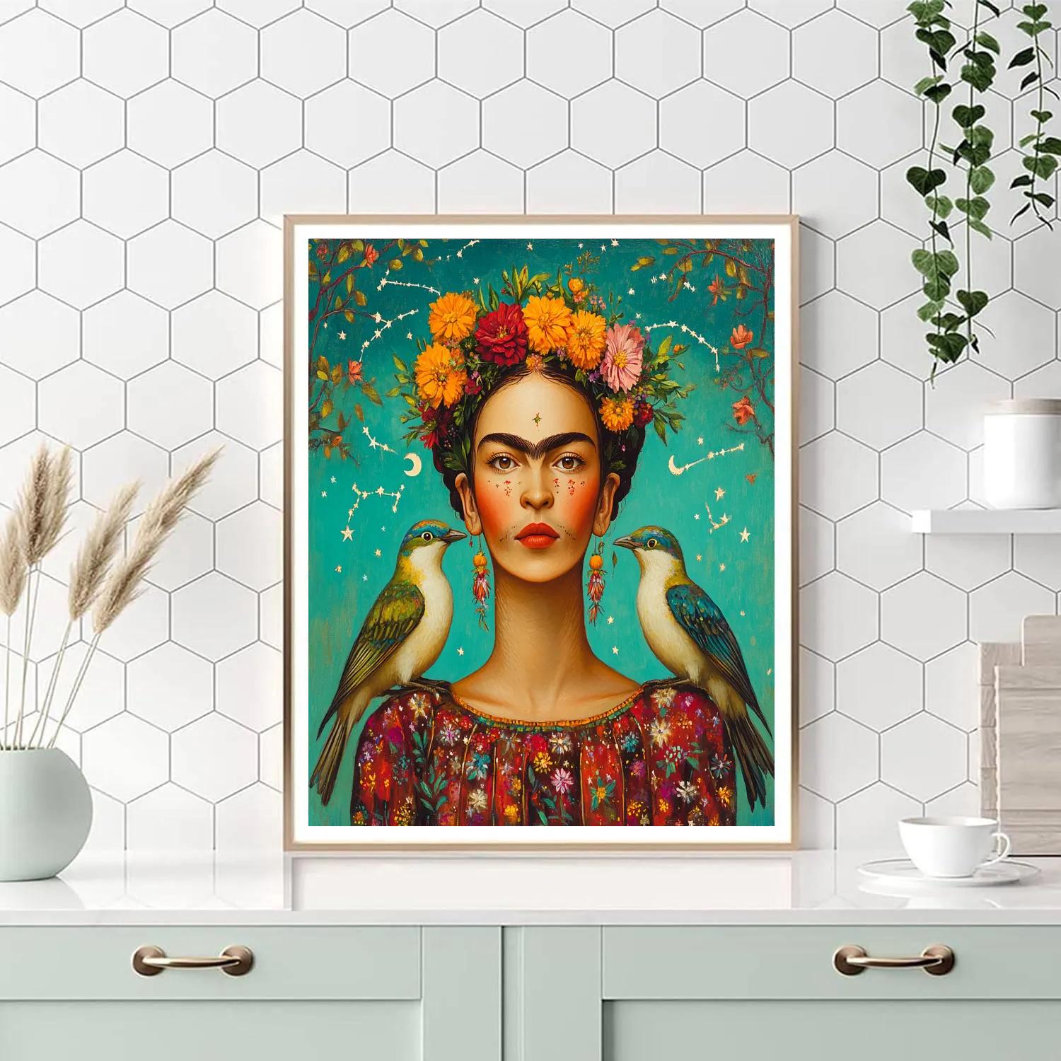Frida Kahlo Inspired Self Portrait With Cosmic Birds Number painting