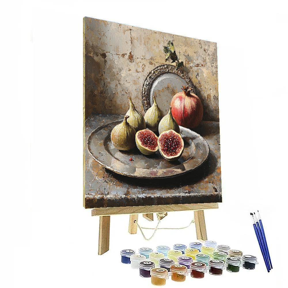 Diego Velázquez Inspired Market Still Life Of Figs, Pomegranates, And Clay Plates paint by number