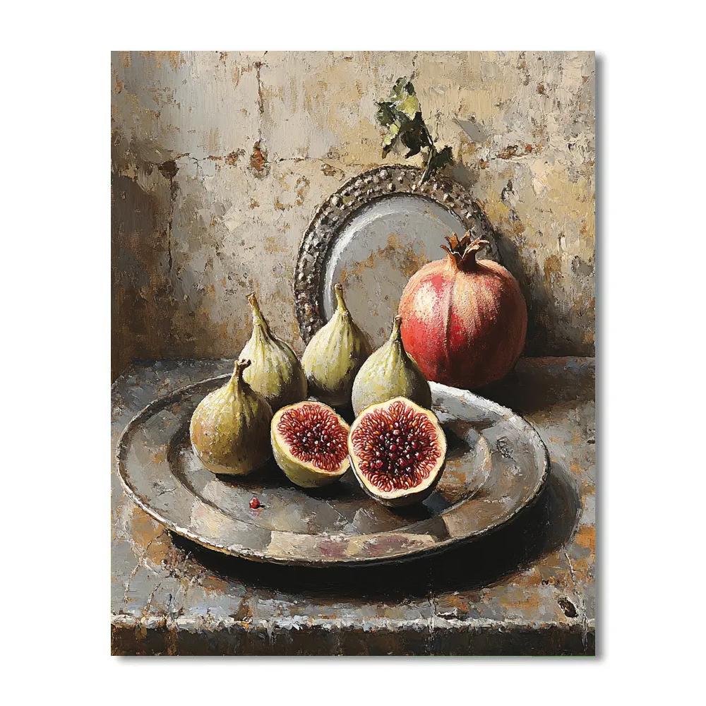 Diego Velázquez Inspired Market Still Life Of Figs, Pomegranates, And Clay Plates paint by number