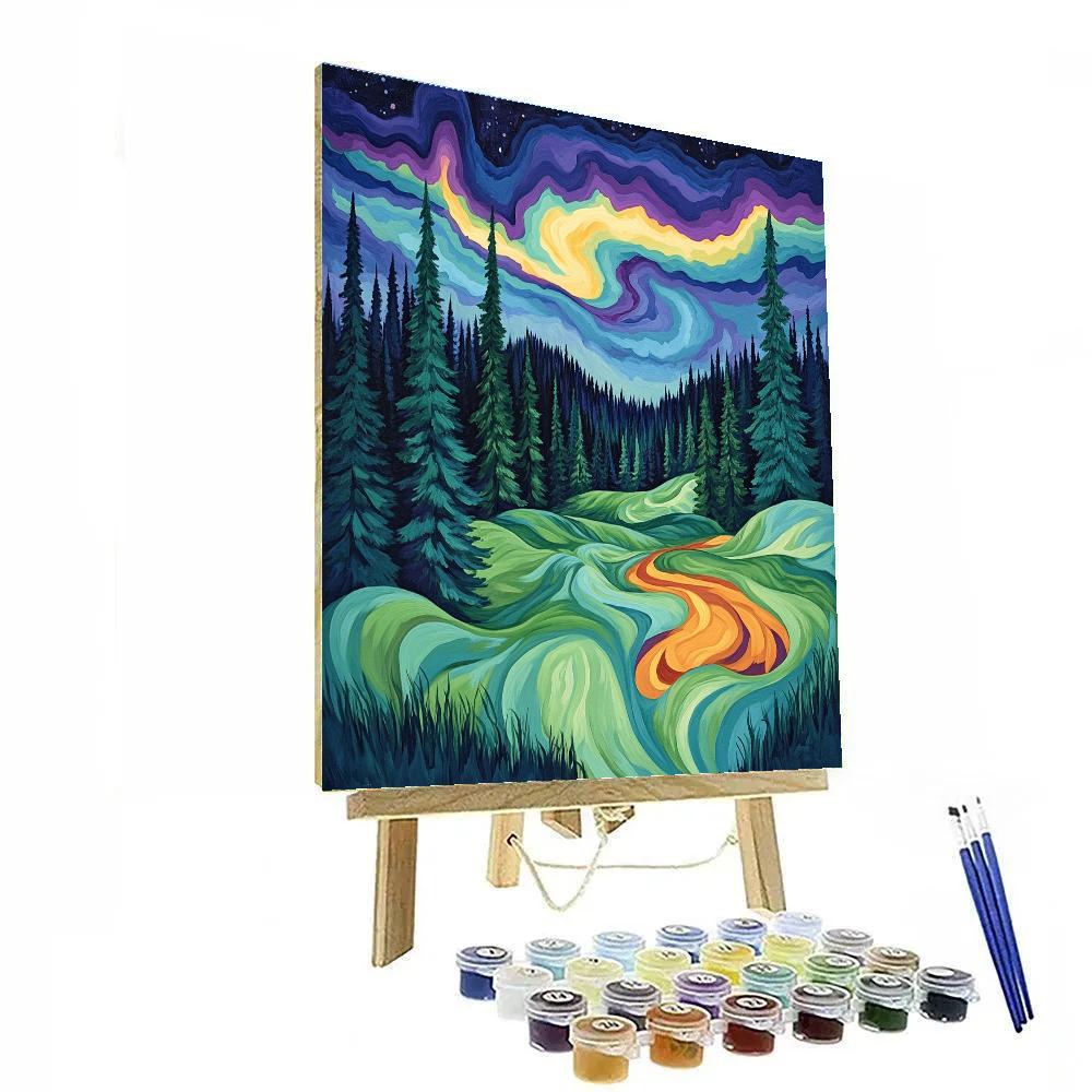 Edvard Munch Inspired Aurora Over Breathing Pines paint by number