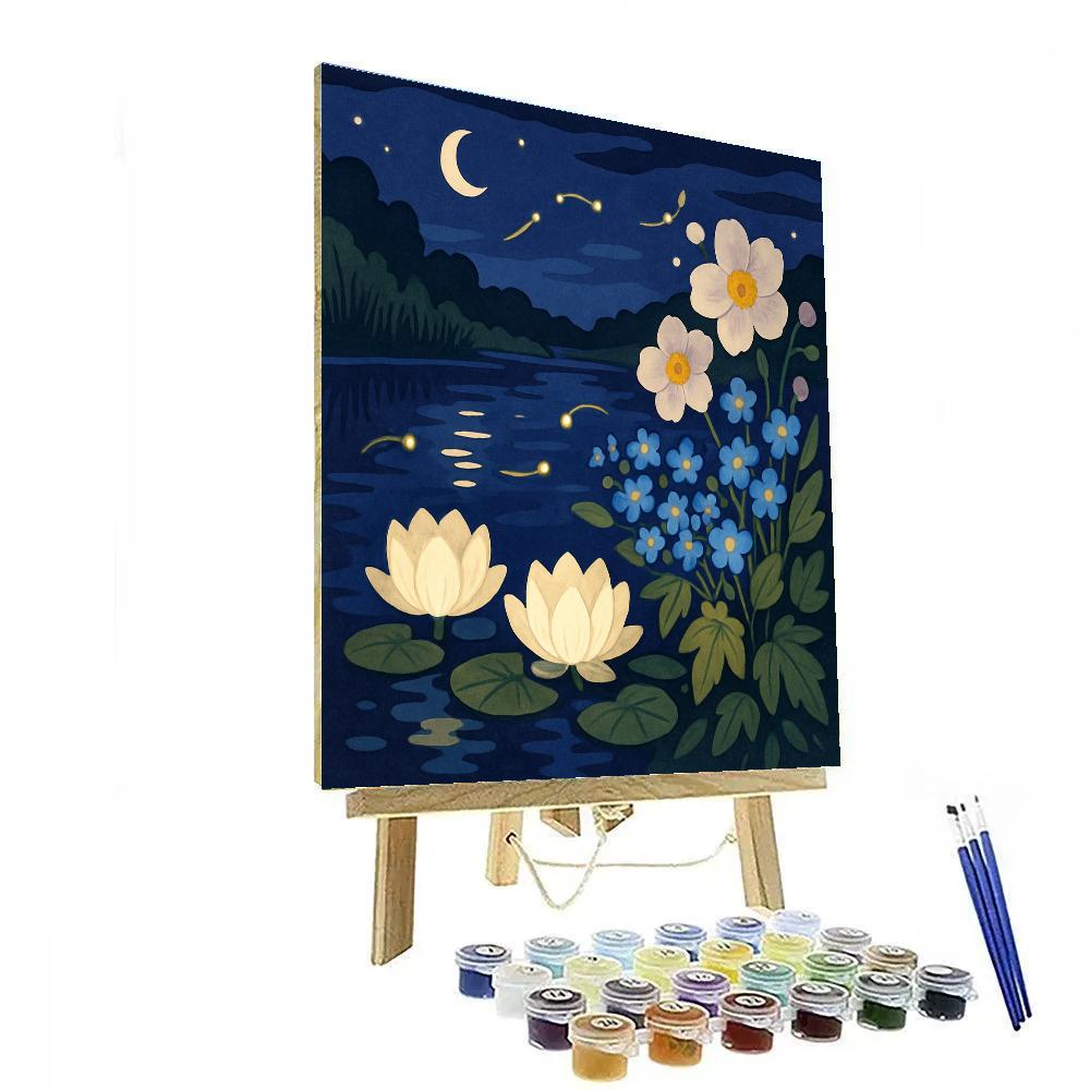Moonlit Riverbank With Flowers Number painting