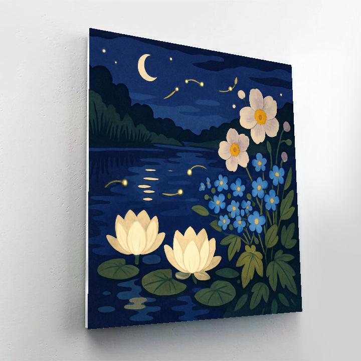 Moonlit Riverbank With Flowers Number painting