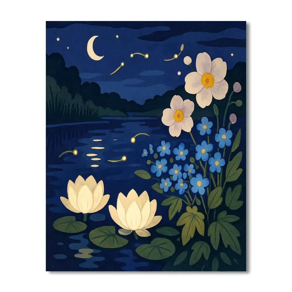 Moonlit Riverbank With Flowers Number painting