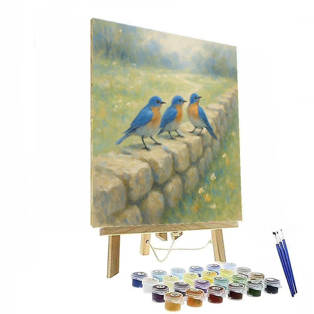 Bluebirds Along The Sunlit Stone Wall paint by number