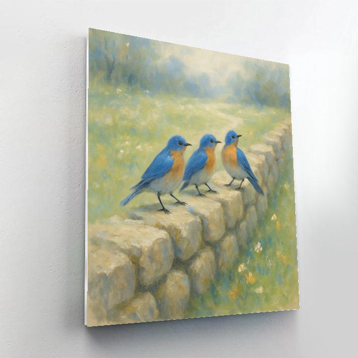 Bluebirds Along The Sunlit Stone Wall paint by number
