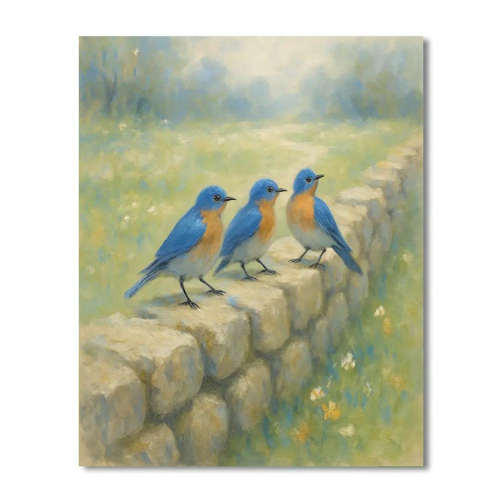Bluebirds Along The Sunlit Stone Wall paint by number