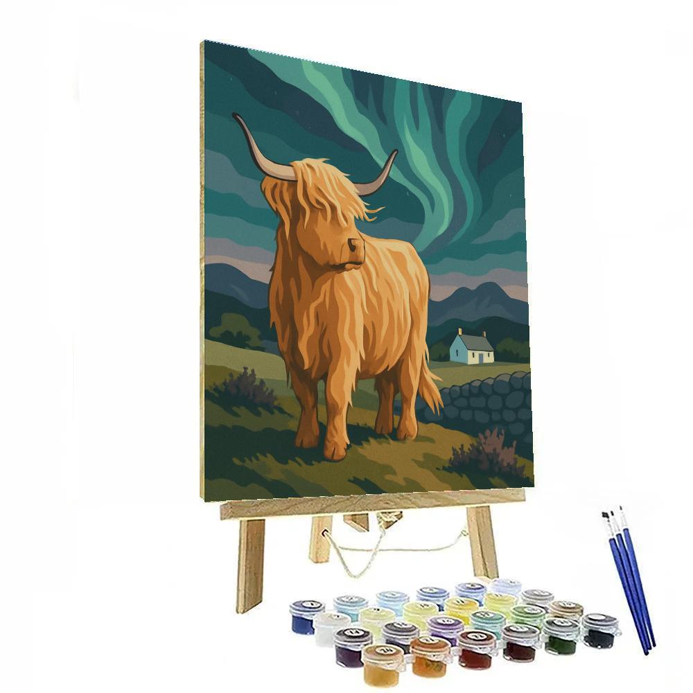 Highland Cow Under Aurora Pasturelight Number painting