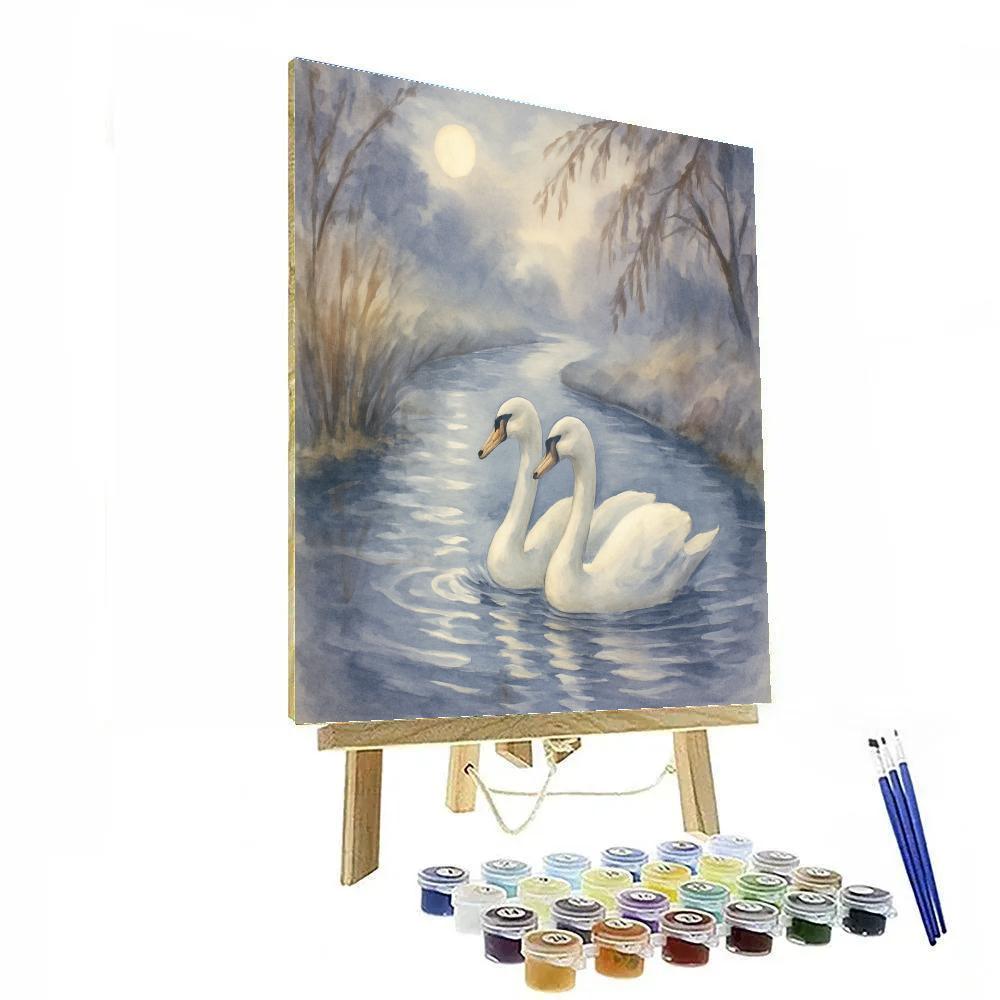 Moonlit Swans On A Misty Canal Bend painting number kit