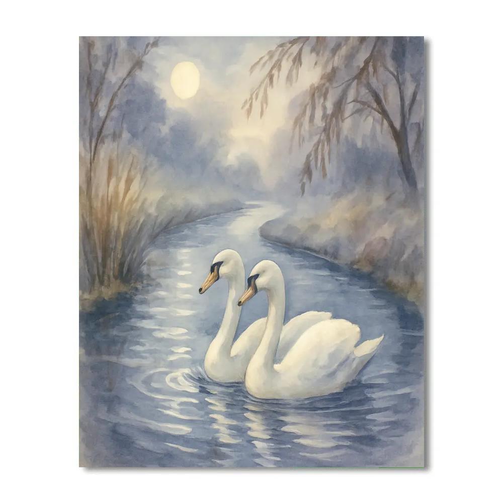 Moonlit Swans On A Misty Canal Bend painting number kit