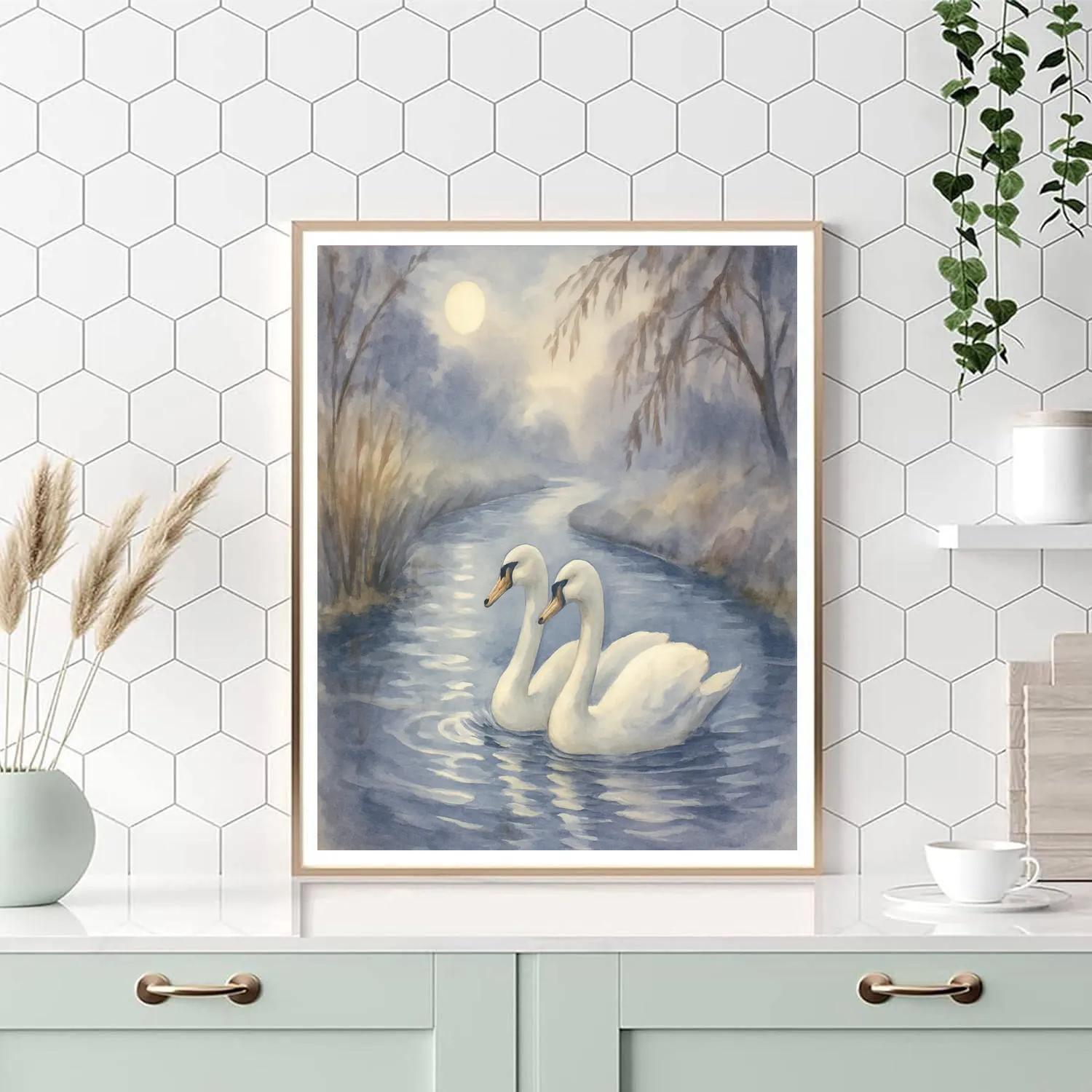 Moonlit Swans On A Misty Canal Bend painting number kit