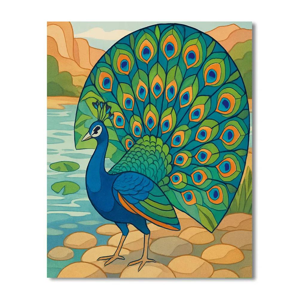 River Mosaic With Peacock Courtship Number painting