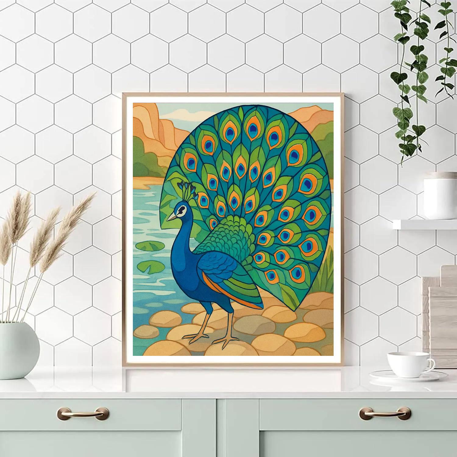 River Mosaic With Peacock Courtship Number painting