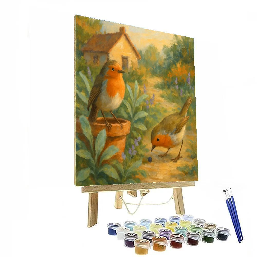 Robins In The Cottage Herb Patch paint by number