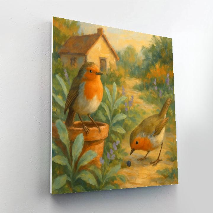 Robins In The Cottage Herb Patch paint by number