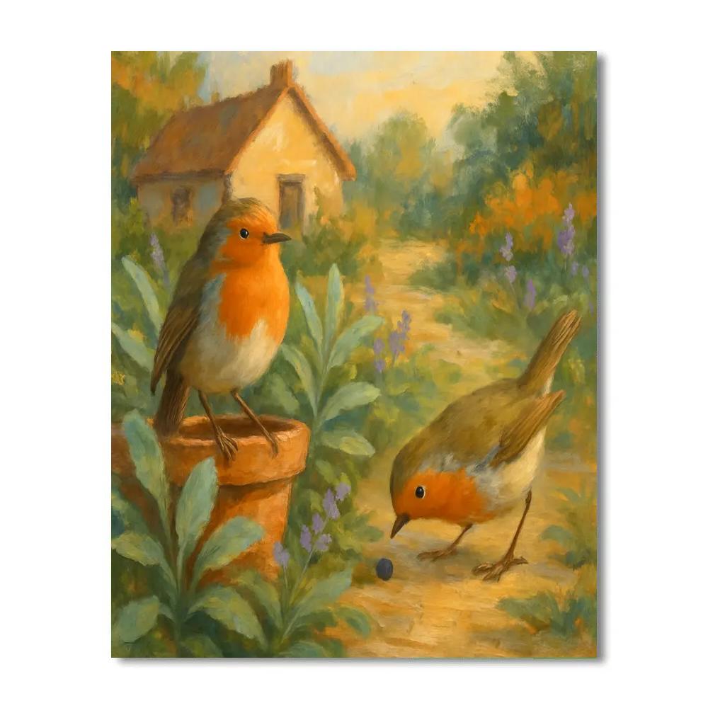 Robins In The Cottage Herb Patch paint by number
