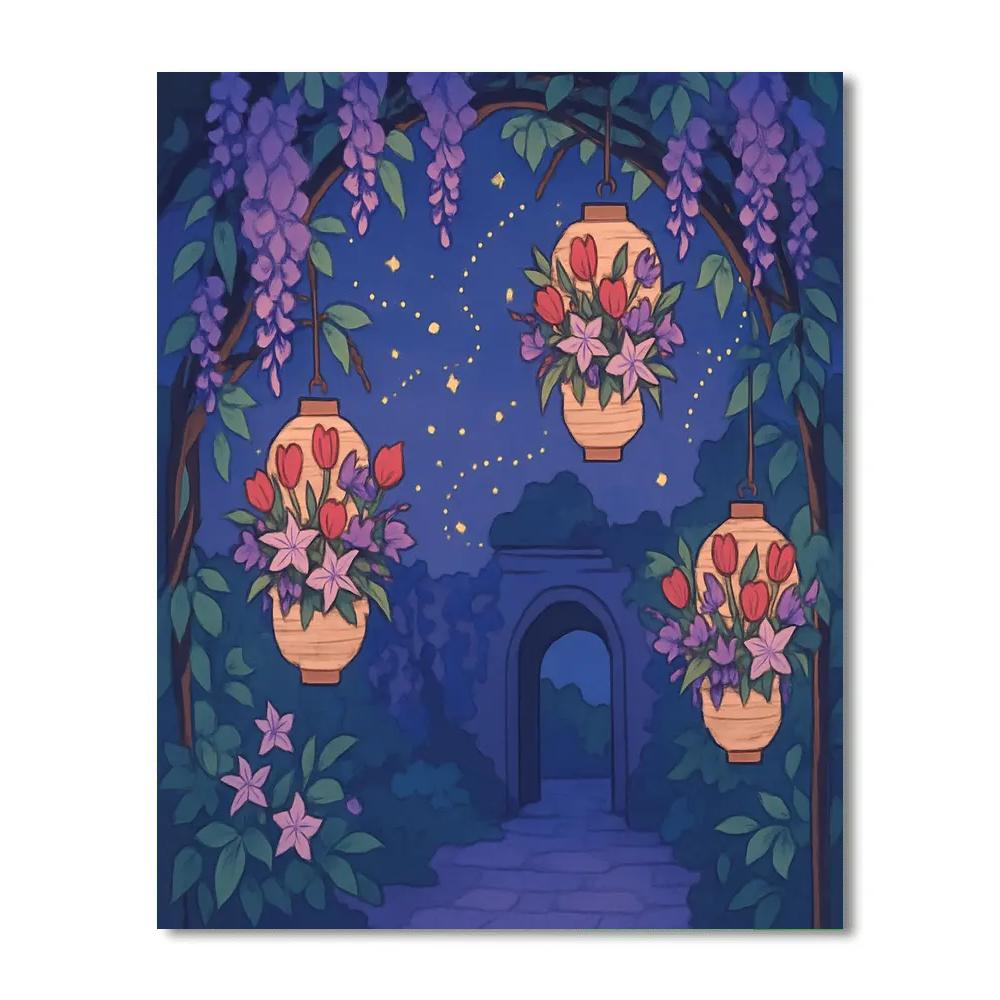 Suspended Lanterns In Flowers Twilight Garden Number painting