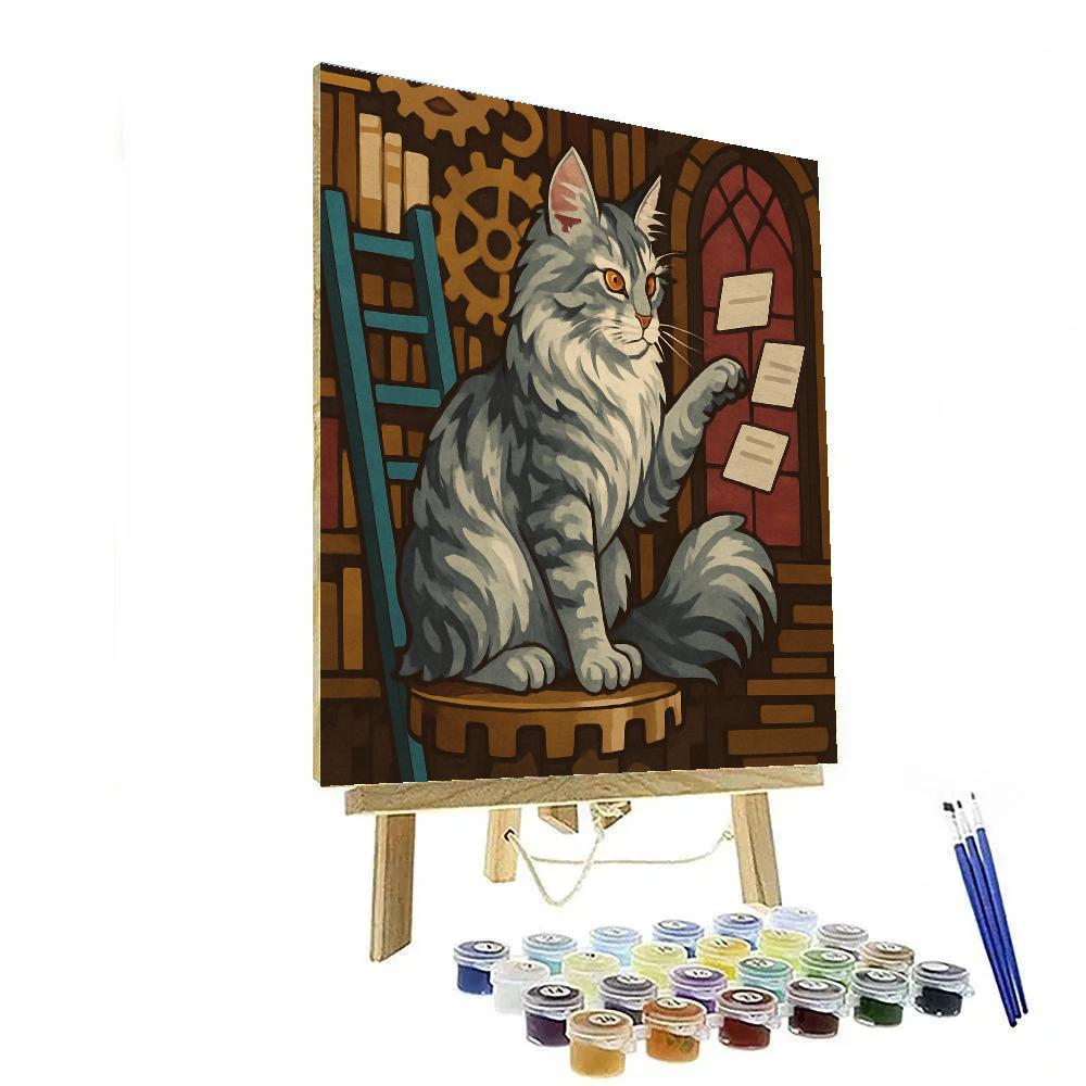 Clockwork Library With Cat Curator Painting by numbers kit