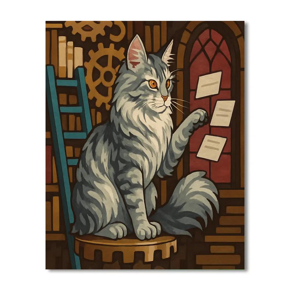 Clockwork Library With Cat Curator Painting by numbers kit