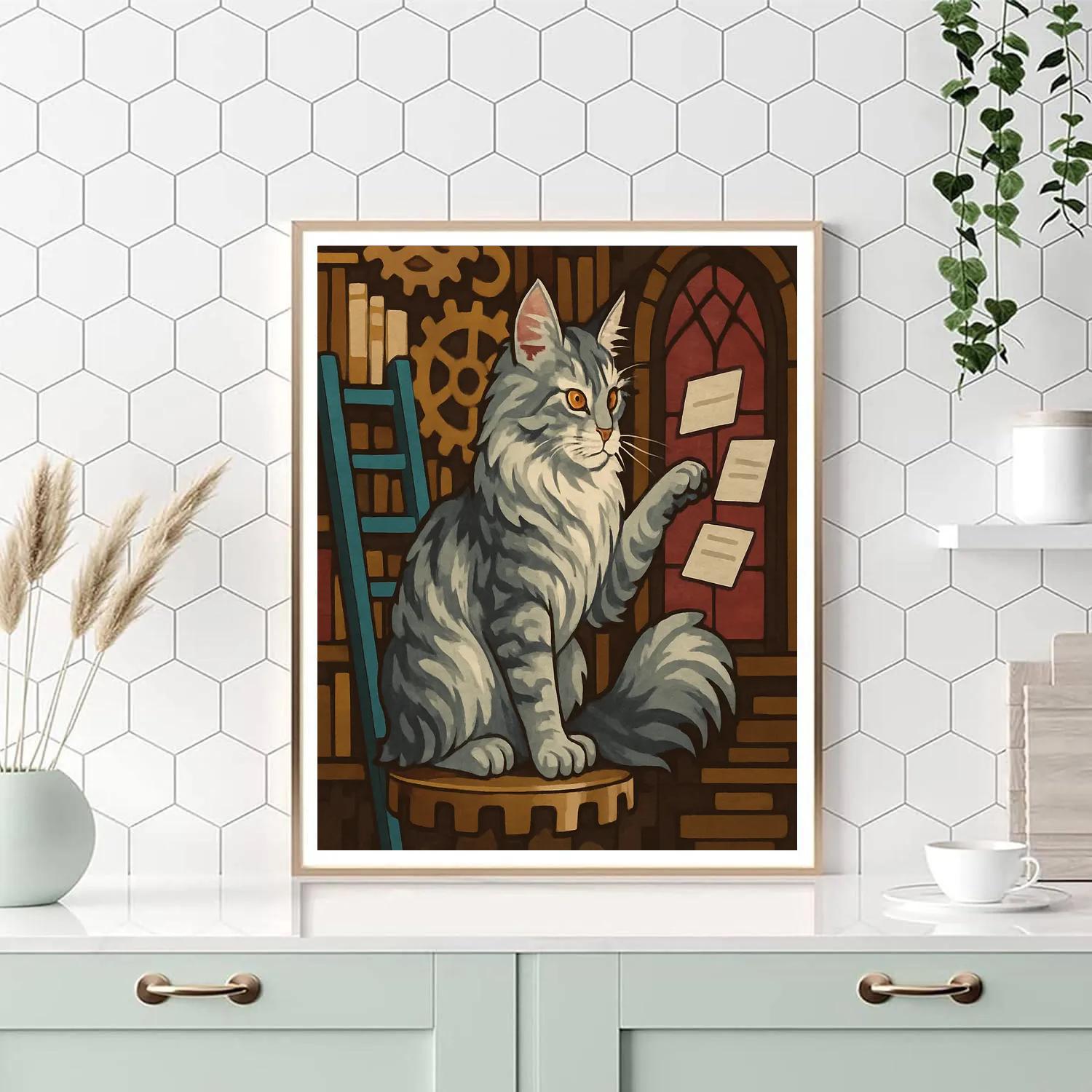 Clockwork Library With Cat Curator Painting by numbers kit