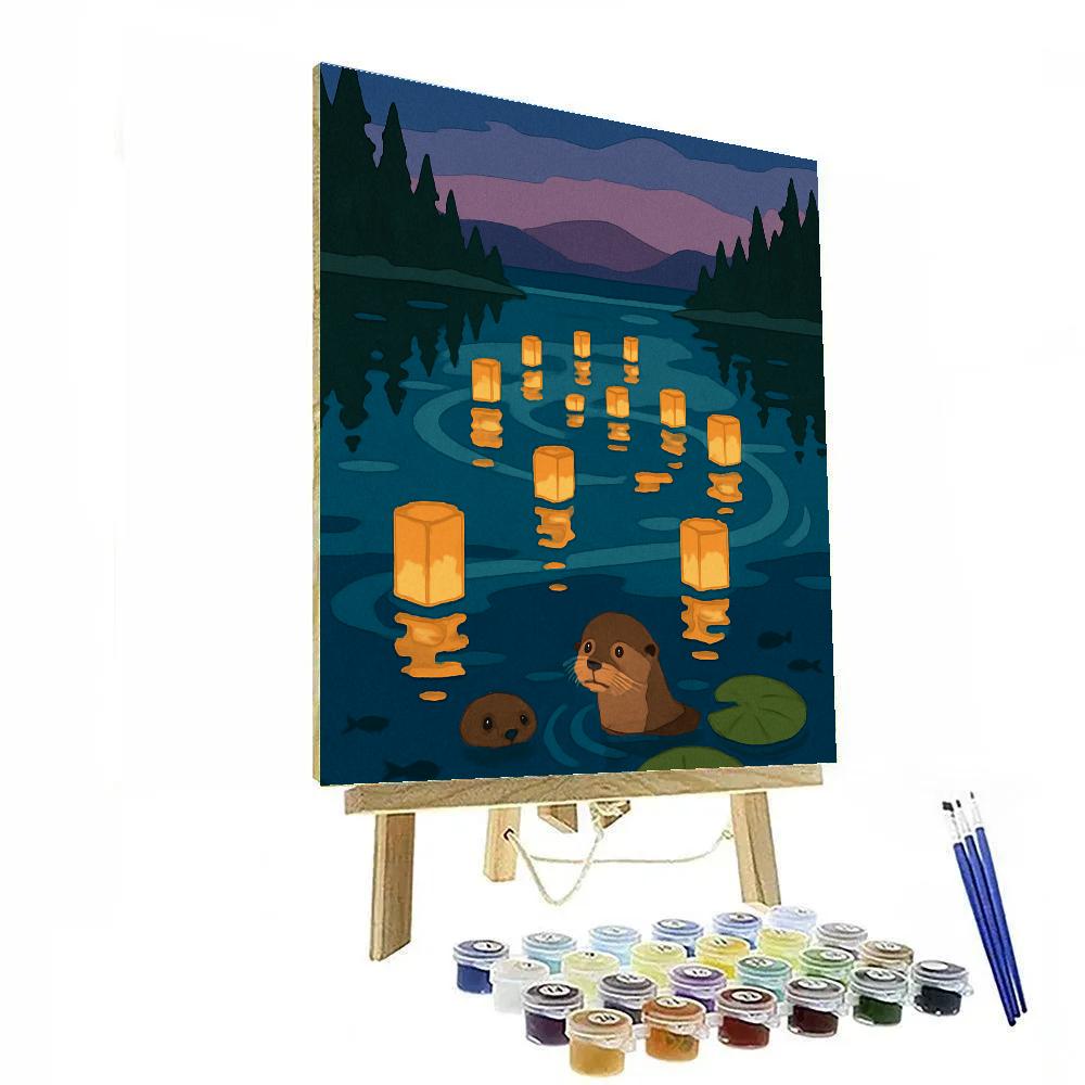 Twilight Lanterns Across Glassy Lake Number painting