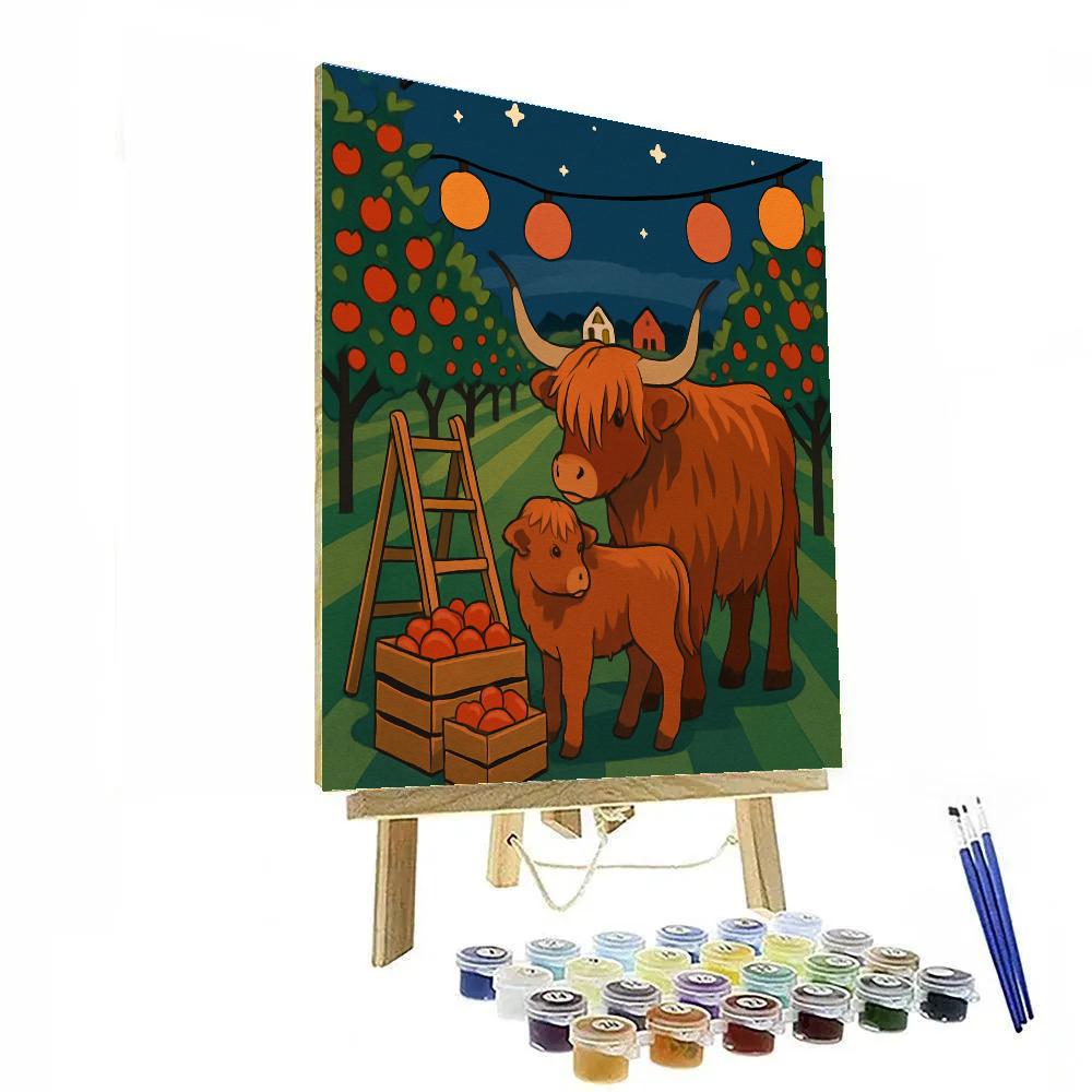 Highland Cow In Lantern Lit Orchard Number painting