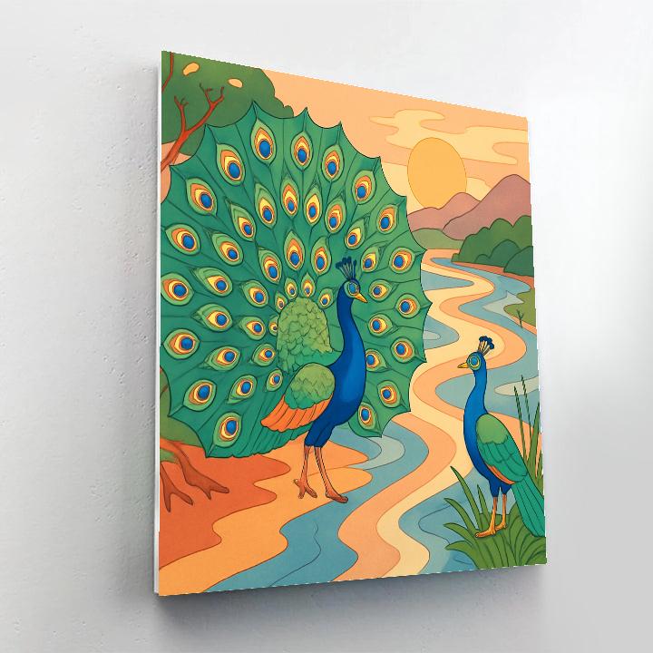 River Delta With Peacock Courtship paint by color