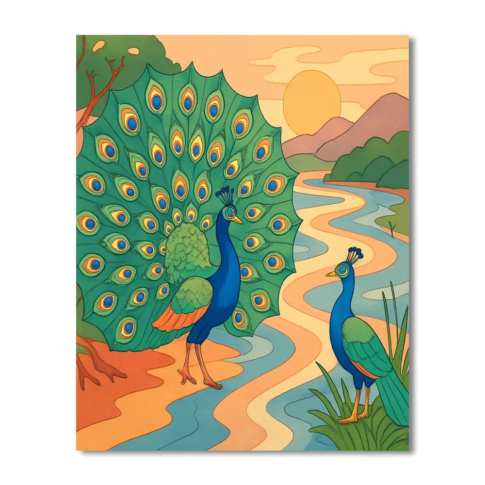 River Delta With Peacock Courtship paint by color