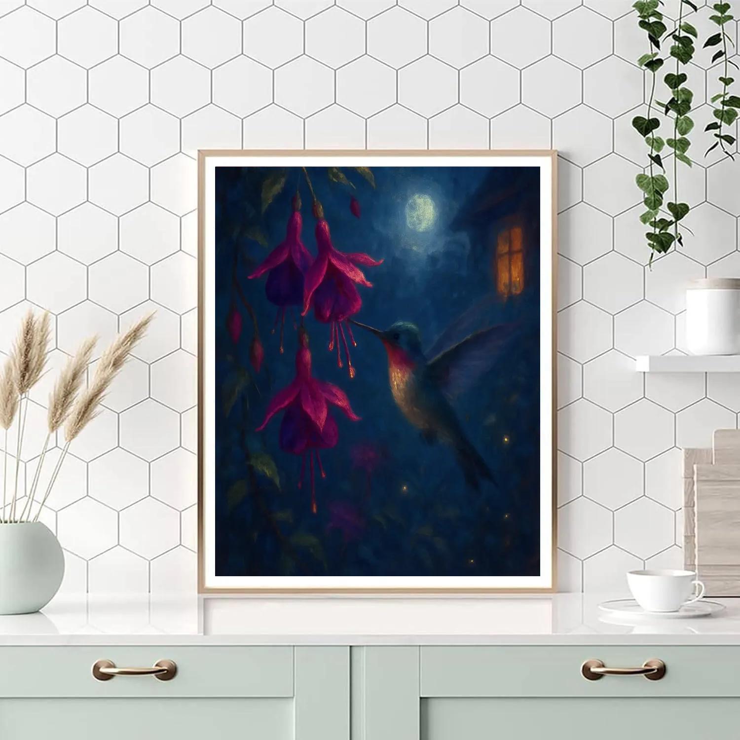 Hummingbird Among Moonlit Fuchsias Paint by numbers art