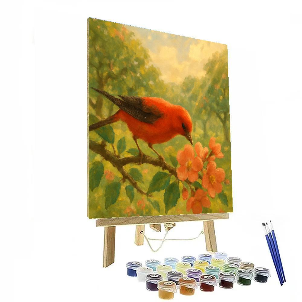 Tanager Over Coral Blossoms paint by color