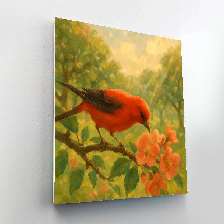Tanager Over Coral Blossoms paint by color