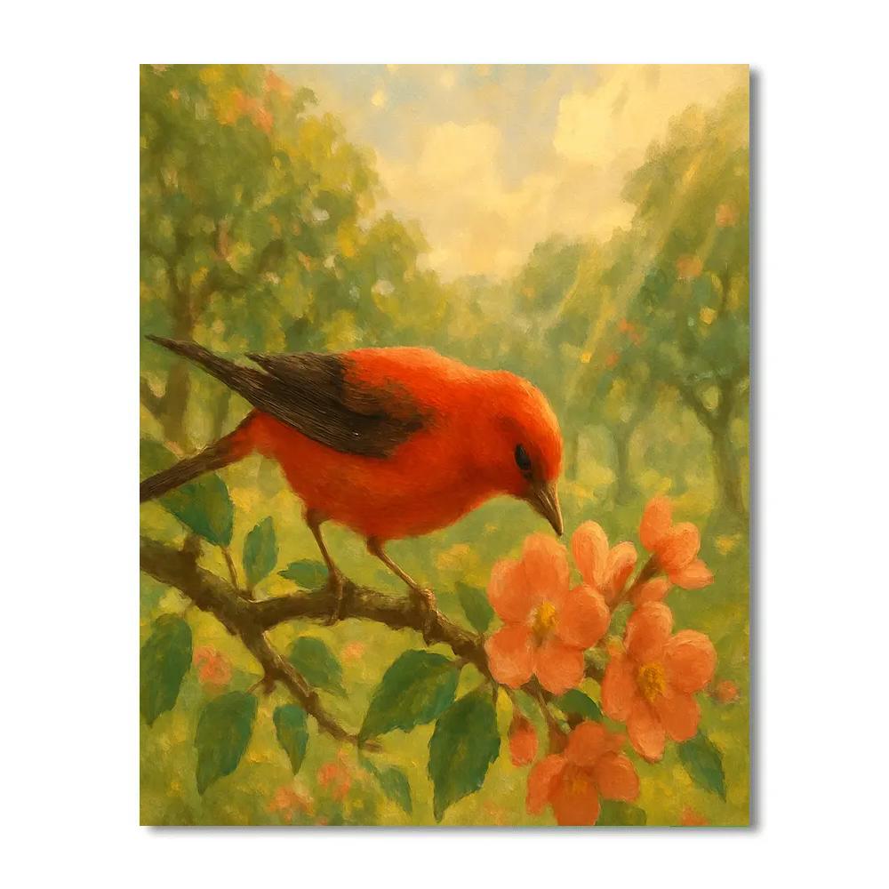 Tanager Over Coral Blossoms paint by color