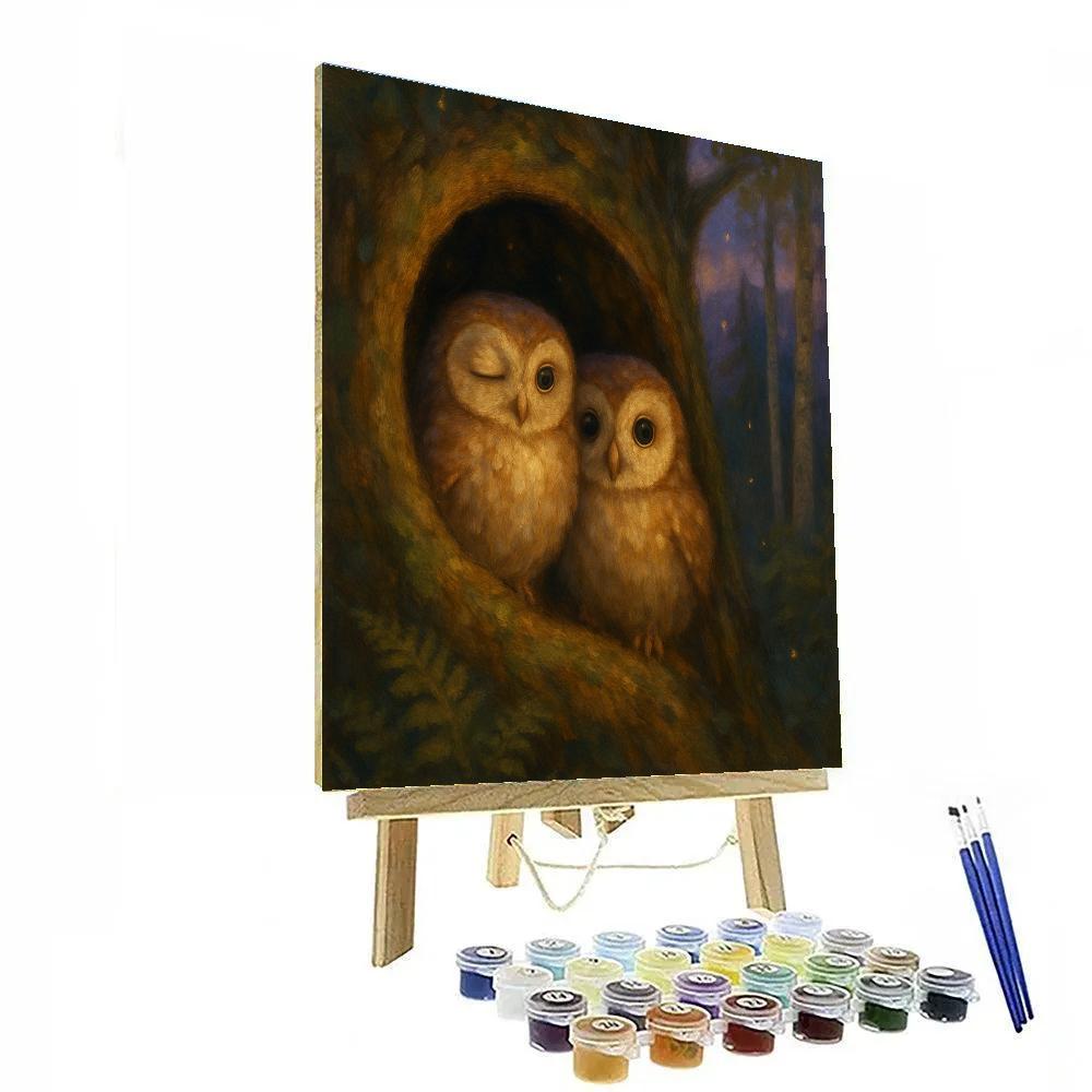 Owls In The Mossy Twilight Hollow Paint by numbers art