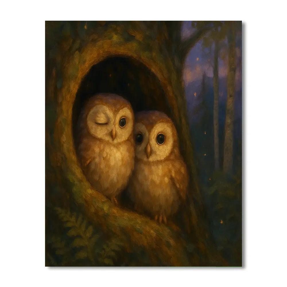 Owls In The Mossy Twilight Hollow Paint by numbers art