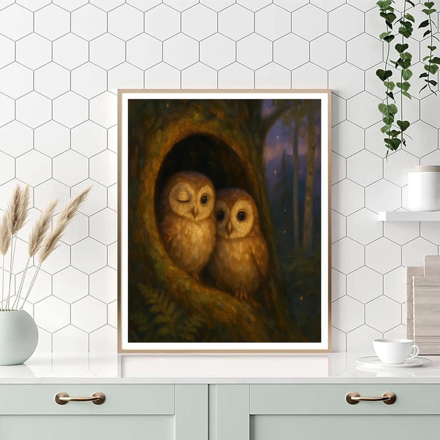 Owls In The Mossy Twilight Hollow Paint by numbers art