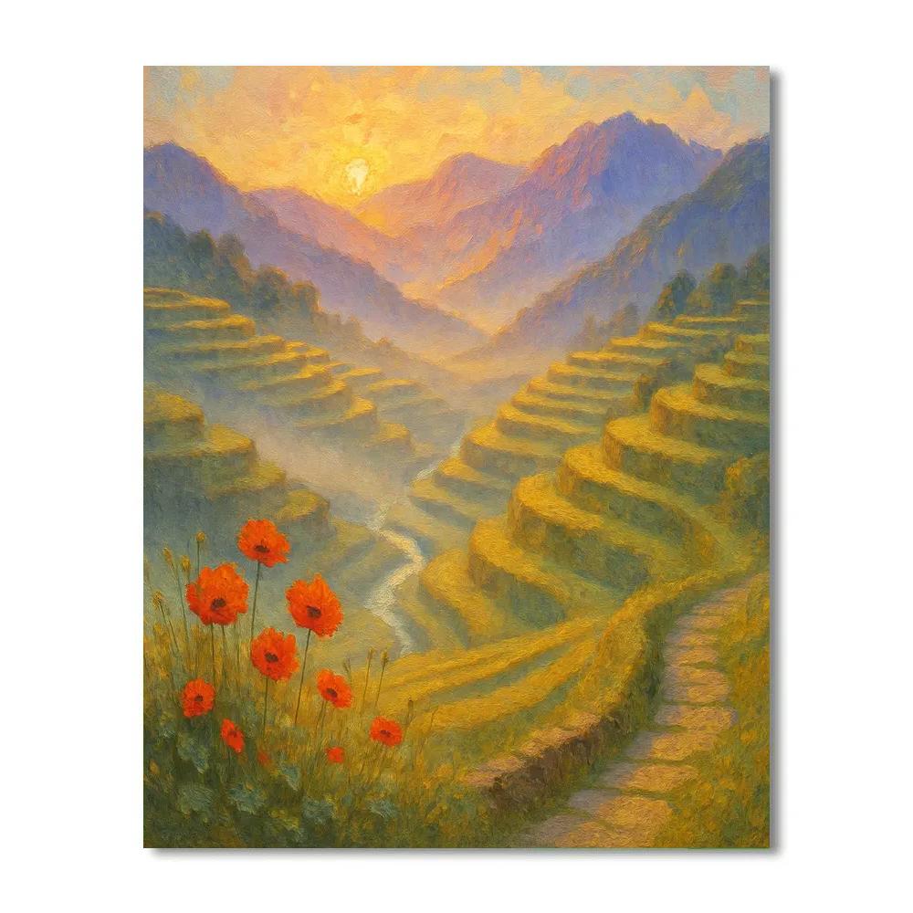Sunrise Over The Saffron Terrace Valley paint by color