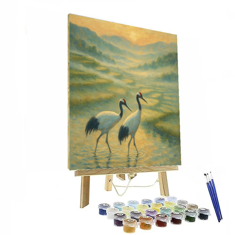 Saffron Sunrise Cranes Over Misty Rice Fields paint by number