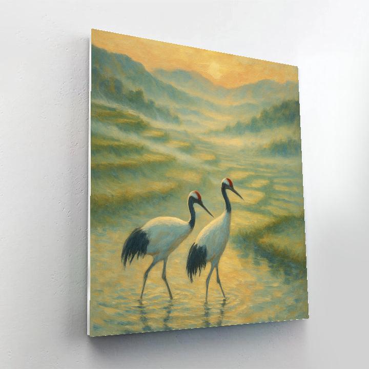 Saffron Sunrise Cranes Over Misty Rice Fields paint by number