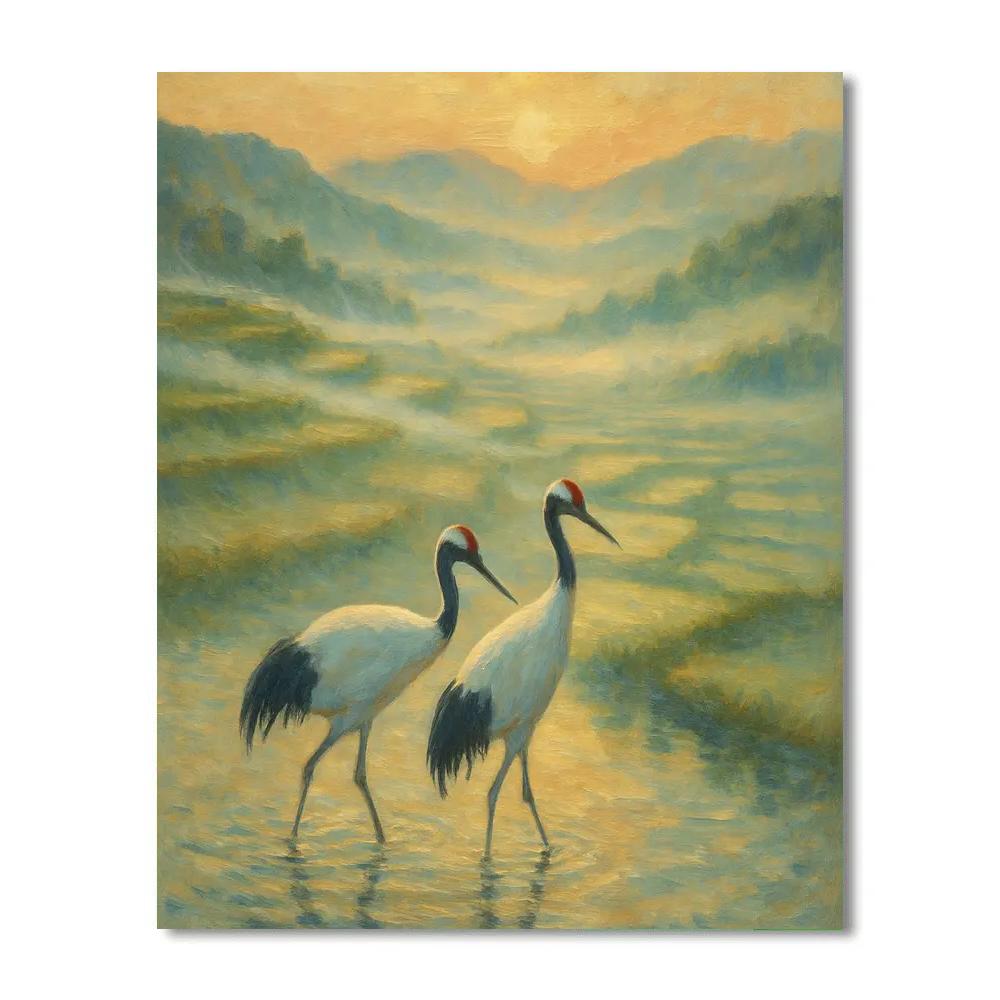 Saffron Sunrise Cranes Over Misty Rice Fields paint by number