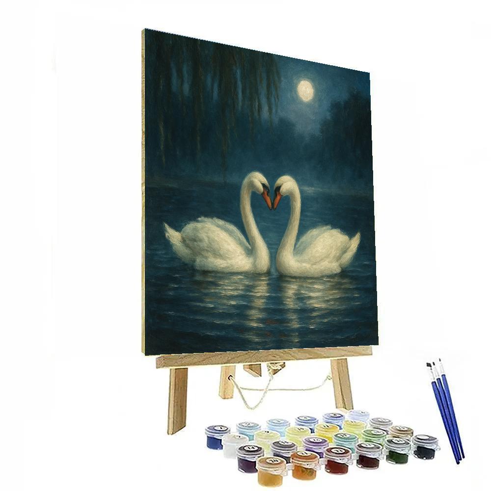 Moonlit Swans On The Quiet Willow Pond painting number kit