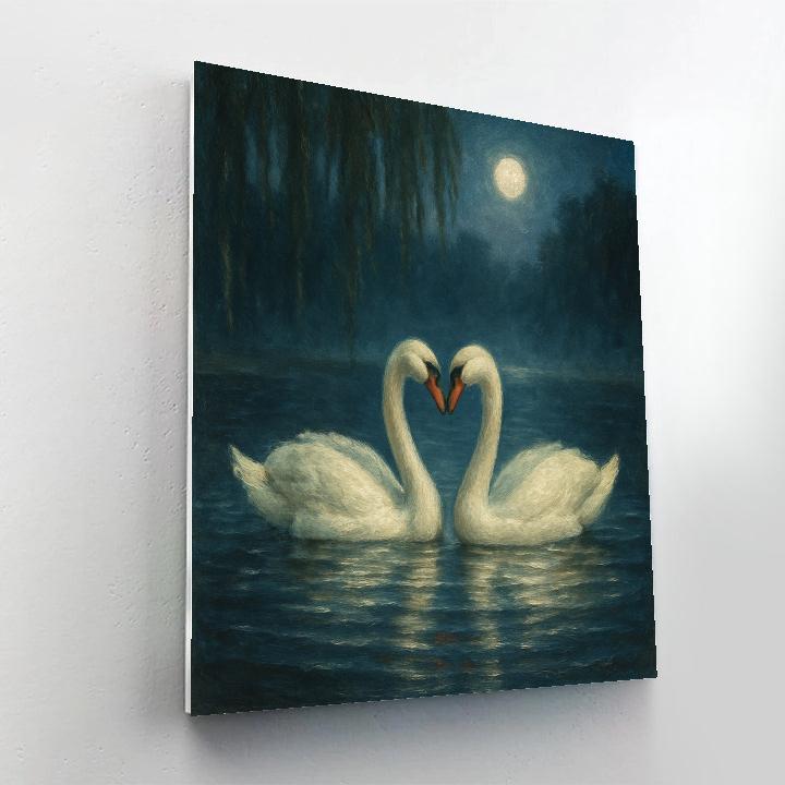 Moonlit Swans On The Quiet Willow Pond painting number kit