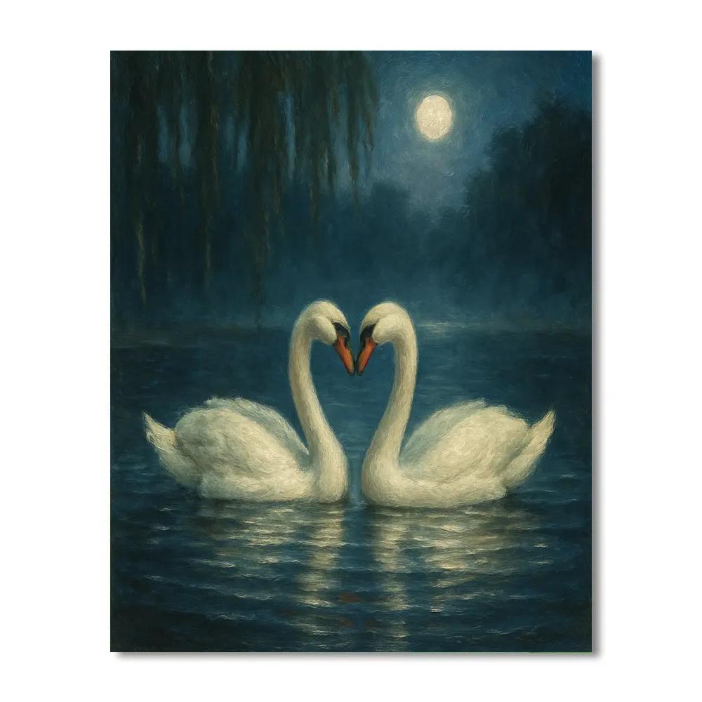 Moonlit Swans On The Quiet Willow Pond painting number kit