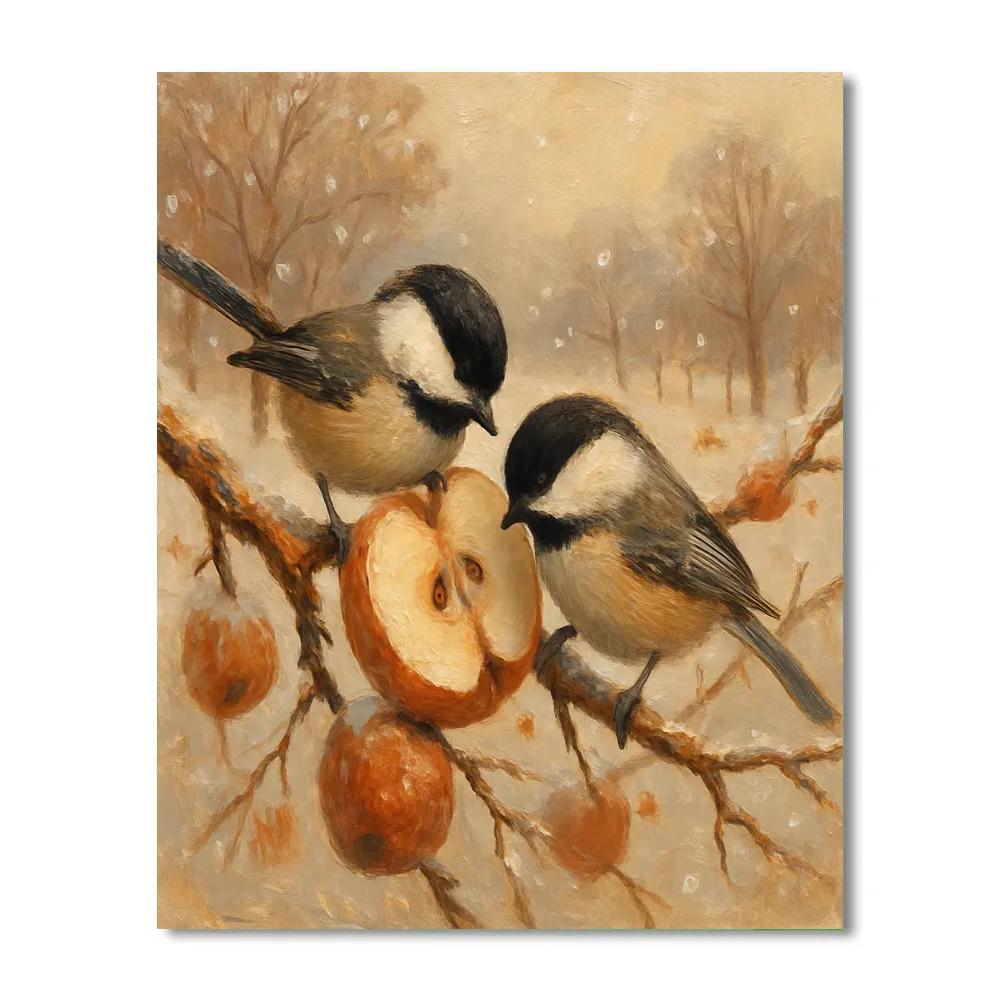 Snowy Orchard Chickadees And Cinnamon Apples Paint by numbers art